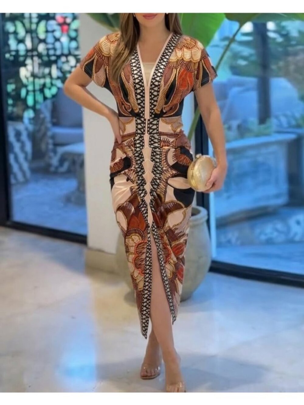 Women Print Brown Polyester Elastane Floral Print V Neck Slit Bodycon Midi Dress - Picture 4 of 6